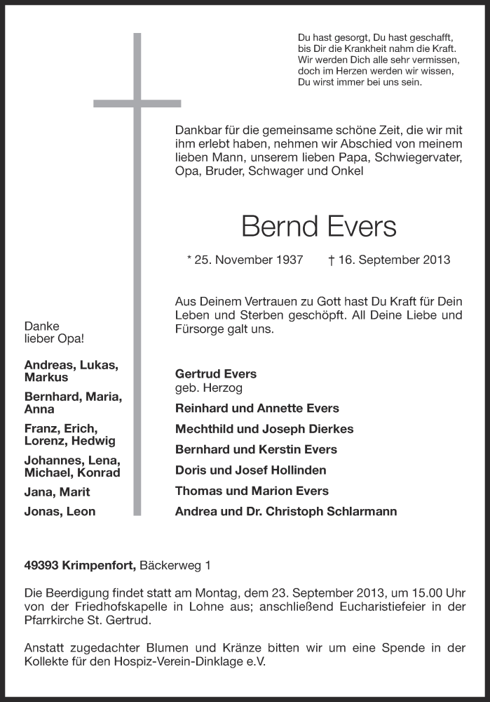  Traueranzeige für Bernd Evers vom 18.09.2013 aus OM-Medien